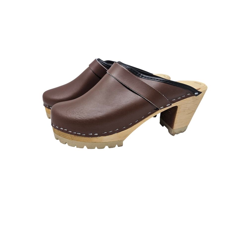 Vintage Skouno 38 Swedish Wooden Brown Leather Clog Boho Cottage Chunky Casual - Picture 2 of 4